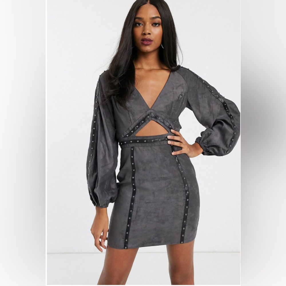 ASOS DESIGN suedette mini dress with cut out and stud detail